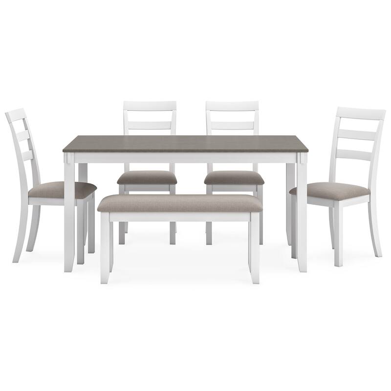 Holls 6pc Dining Table Set, Padded Chairs, Bench, White Gray Hardwood