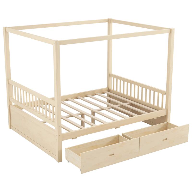 Wooden Canopy Bed with Storage Drawers, Low-Profile Four Poster Platform Bed with Wood Slat Support, No Box Spring Needed