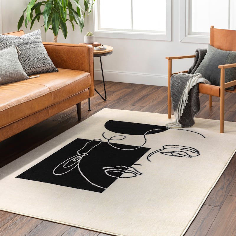 Livabliss Pisa Modern Abstract Portrait Area Rug - Beige/Black - 4' 11" x 7'