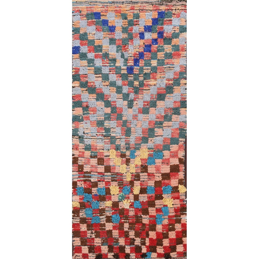 Antique Checkered Moroccan Oriental Area Rug Wool Hand-knotted - 3'6" x 7'2"