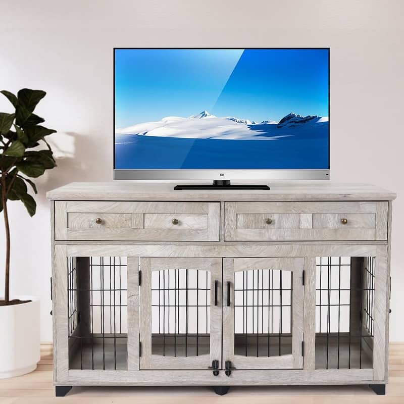 58" Wooden Dog Crate Furniture TV Stand withStorage Drawers - Grey