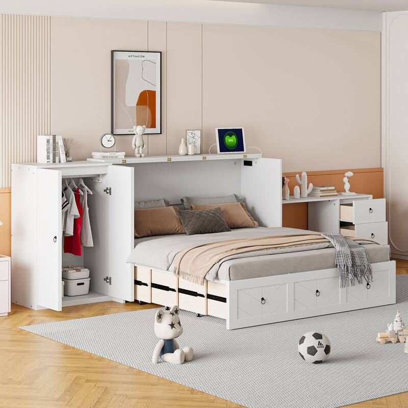 Queen Size Murphy Bed Cabinet Bed w/USB Port, Drawers, Desk & Wardrobe