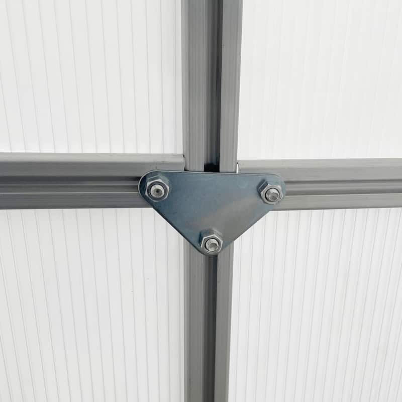 Outsunny Aluminum Greenhouse Polycarbonate Walk-in Garden Greenhouse Kit with Adjustable Roof Vent, Rain Gutter and Sliding Door