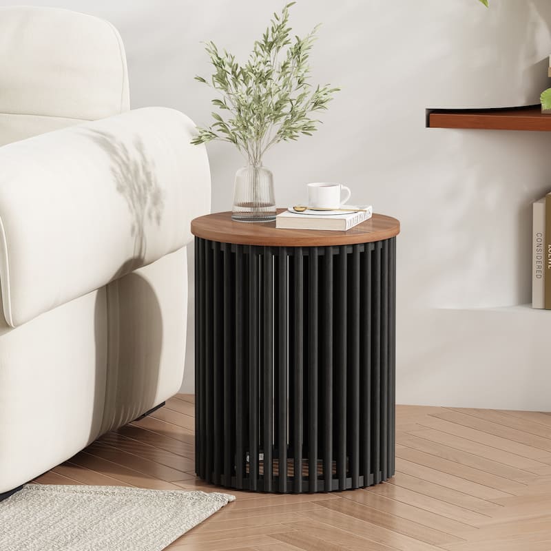 Vertical Hollow-out Side Table Round Acacia Solid Wood End Table