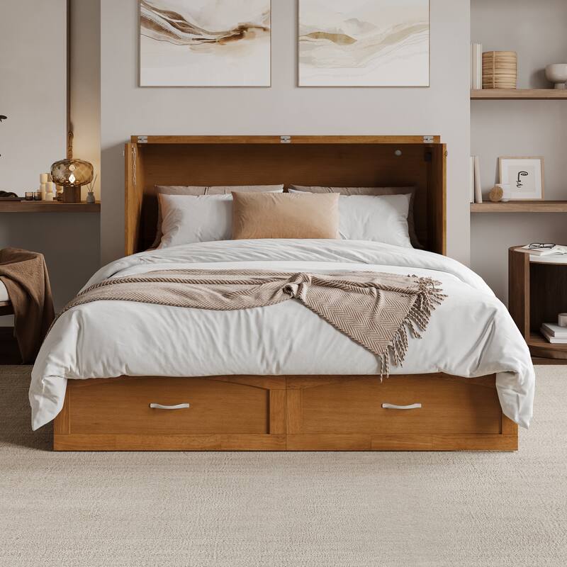 Marion Queen Murphy Bed Chest with 6" Mattress, Storage Drawer & Built-In Charger