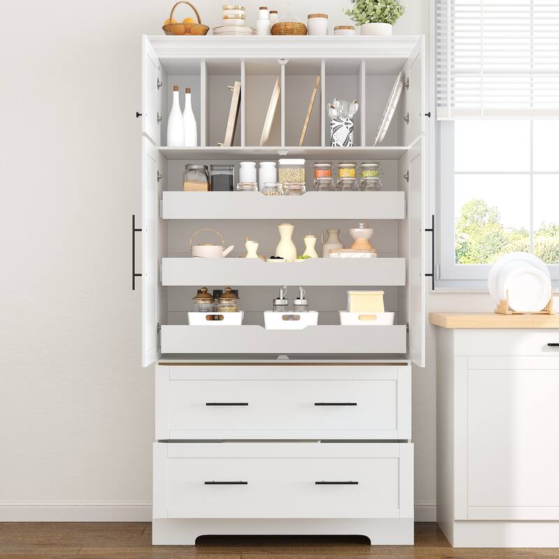 Roomfitters 73 Inch Large Kitchen Pantry with 4 Doors, Pull-Out Trays and Cake Pan Organizer