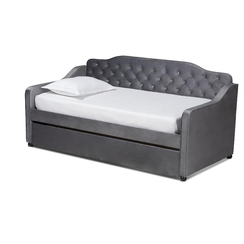 Grey Upholstered Twin Daybed with Trundle, Pleated Textured Fabric and Sleek Design for Modern Guestroom Use