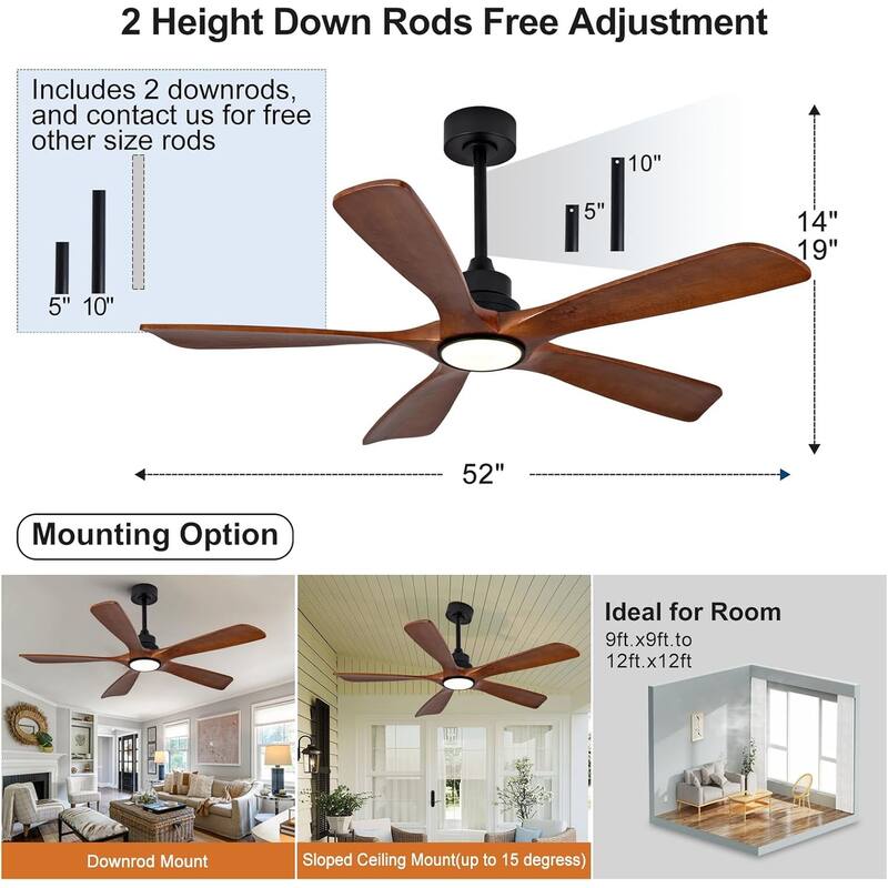 42/52 Inch Ceiling Fan,Electric Fan with Lights & Remote Control,Dimmable 3-Color LED