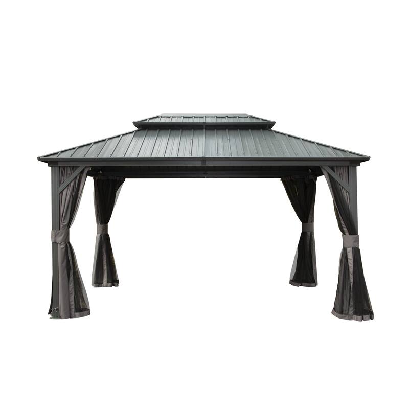 GDFStudio - Madison Outdoor Grove Hardtop Gazebo with Double Roof, Curtains & Netting - 10' X 12' - Gray