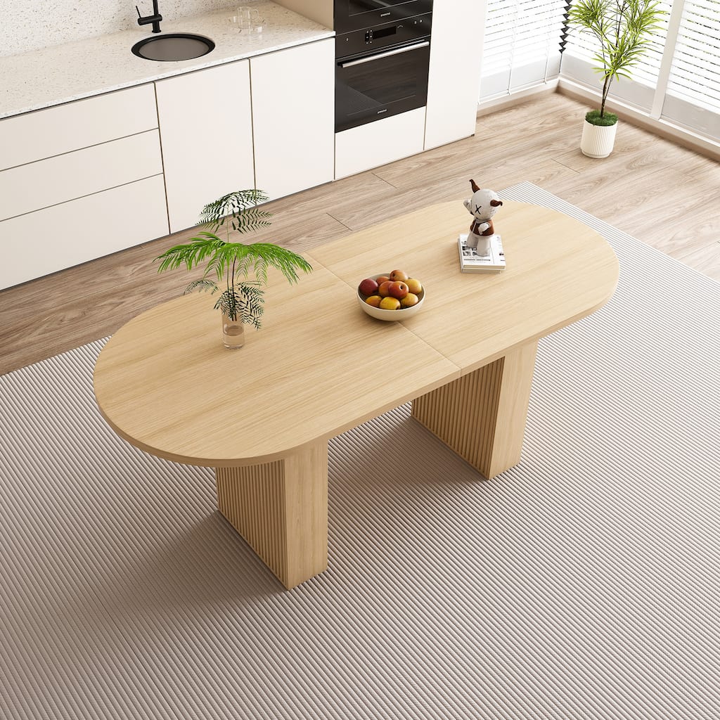 62.9" Oval Dining Table for 6: Farmhouse Kitchen Table with Wood Strip Base, Large Pedestal Dining Room Table