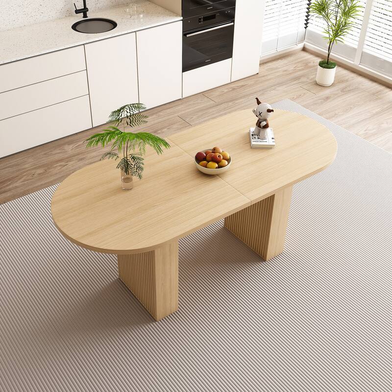 Kitchen Table with Wood Strip Base, Oval Dining Table, Water-Resistant Coffee Table Office Table