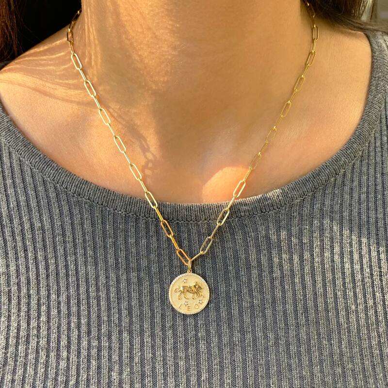Zodiac Diamond Sign Necklace 14k Gold - Coin Pendant - Yellow Gold Diamond Necklace for Her - Women's Neckace