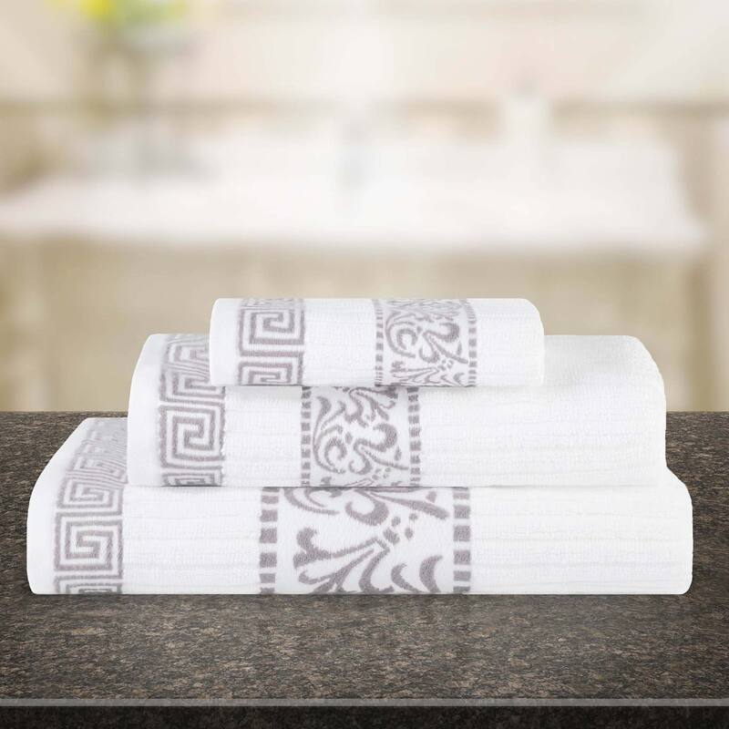 Superior Athens Cotton Floral Border Greek Key 3-Piece Towel Set