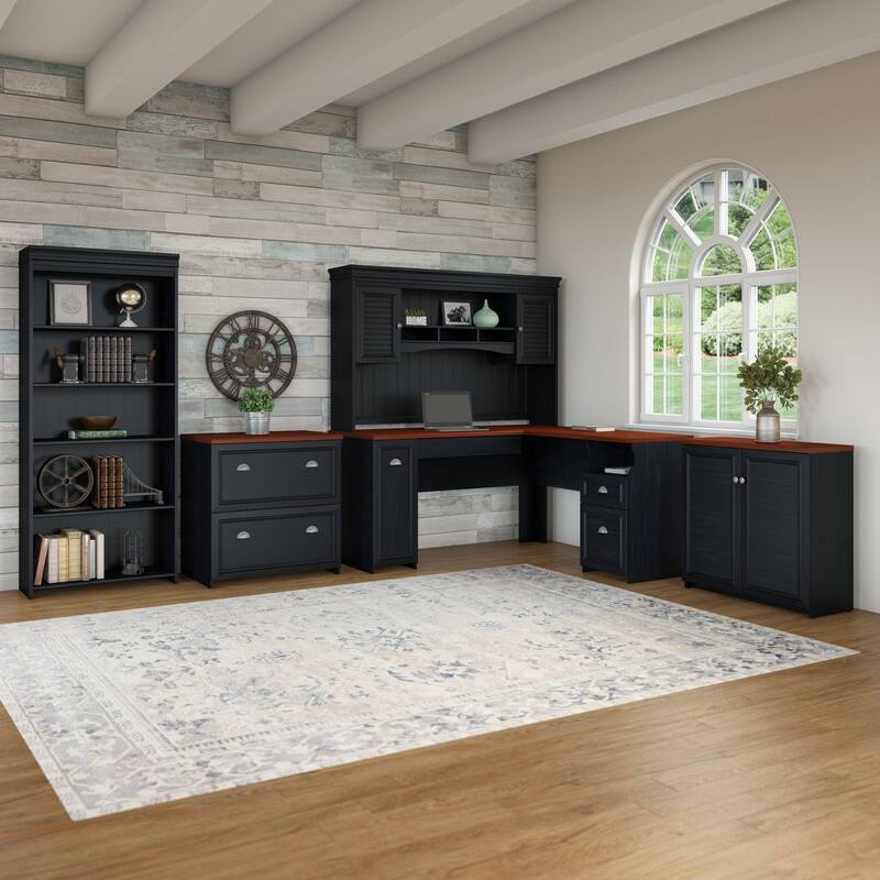 Fairview 60W Desk with Hutch, and Storage Set by Bush Furniture - Antique Black/Hansen Cherry