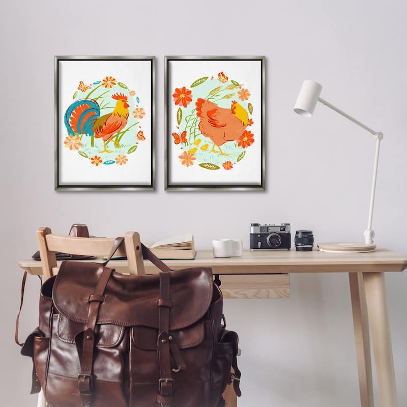 Stupell Rooster & Hen with Florals Framed Floater Canvas Wall Art Design By Hannah Moren (Set of 2)