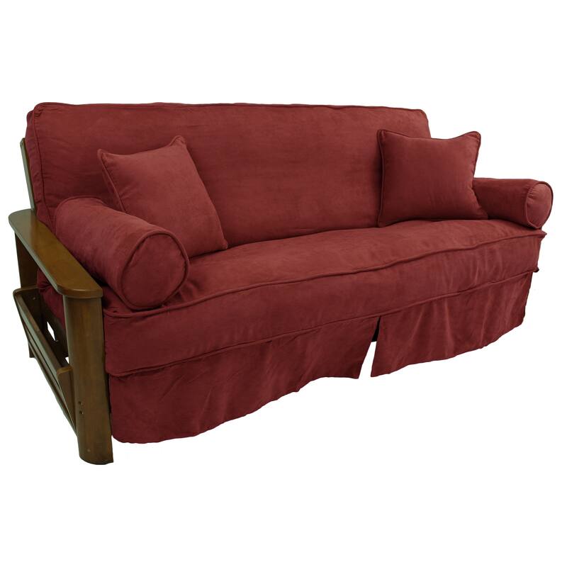 Microsuede Full-Size 8-10 Inch Thick Futon Slip Cover Set with Four Throw Pillows - Red Wine