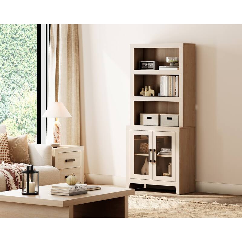 WAMPAT 3 Tier Bookshelf with Glass Door, 74" Tall Bookcase with Adjustable Shelf and Storage Cabinet, Farmhouse Wooden Bookshelf