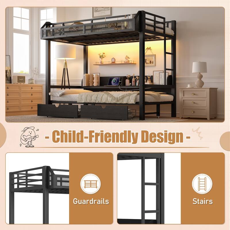 Metal Bunk Bed with Storage Shelves, Drawers, USB Ports, LED Lights & Convertible Lower Bed Sofa Design