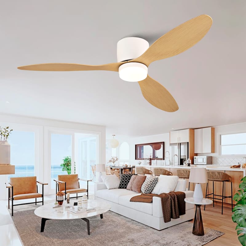 52-inch Ceiling Fan with Light, Ultra-Slim Flush-Mount Design, 3 ABS Plastic Blades, Remote Control Included - Oak Natural Wood + OFF White