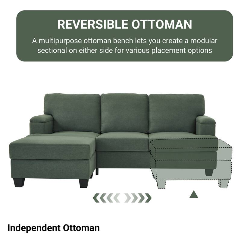 L Shaped 3 Seats Sofa with Armrest Organizer, Linen Sectional Sofa with Movable Ottoman, Comfy Upholstered 3 Seater Couch,