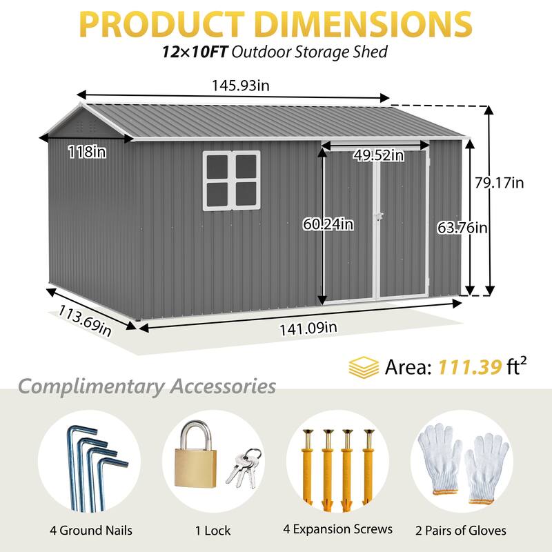 12x10 FT Waterproof Steel Garden Shed with Lockable Doors for Backyard & Patio