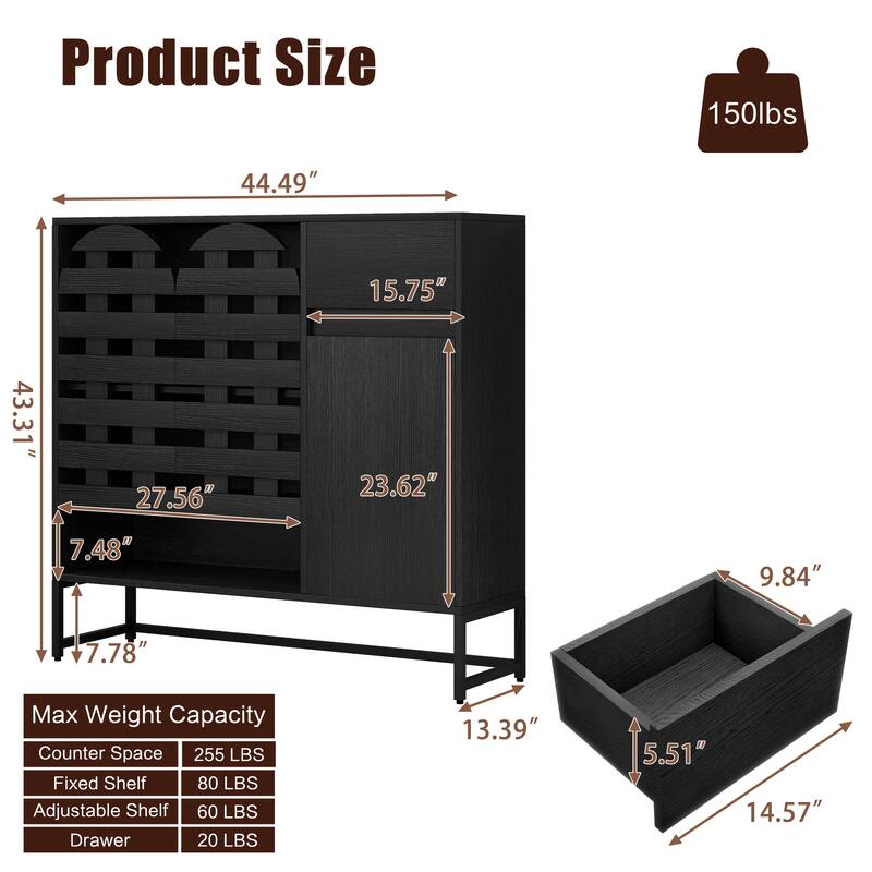 Rustic 44" Coffee Bar Cabinet with Storage, Farmhouse Buffet Console Table with Drawer and Arched Metal Lattice Doors