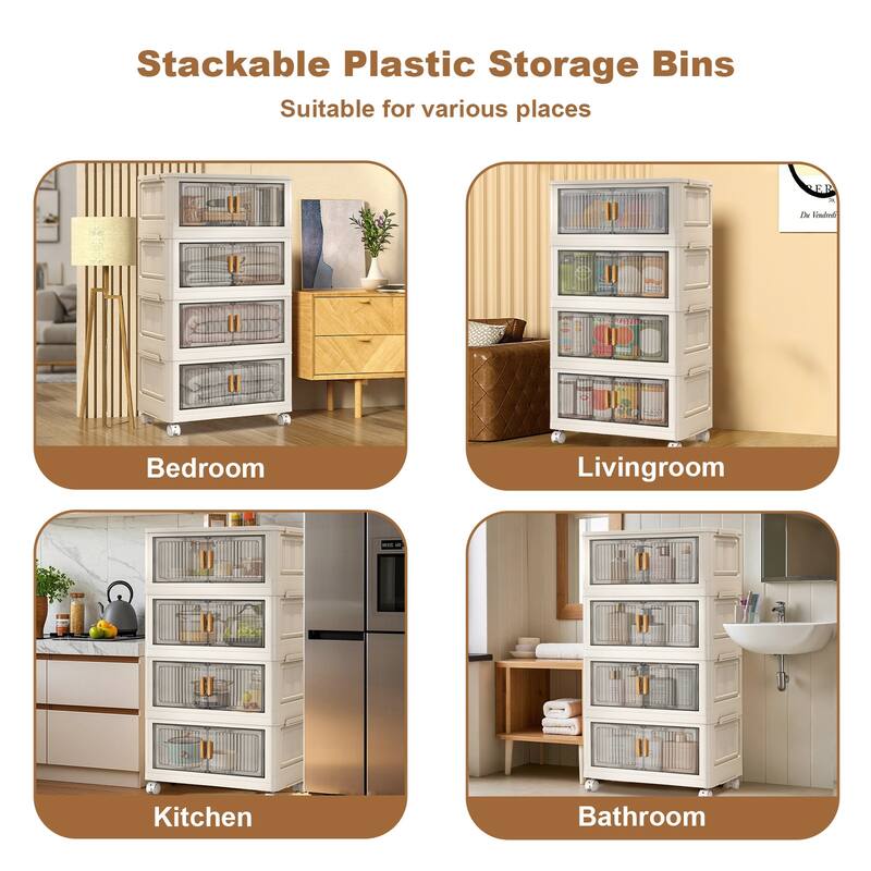 Stackable Storage Bins With Lids, 31.5" Folding Storage Box With Doors And Wheels Large Capacity Collapsible