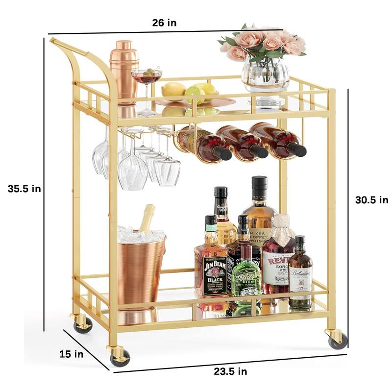 Home Bar Cart with 2 Mirrored Shelves, Wine Holders, and Glass Holders