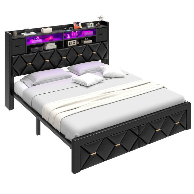 Moasis Upholstered Bed Frame with Storage Headboard And Charging Station and LED Light