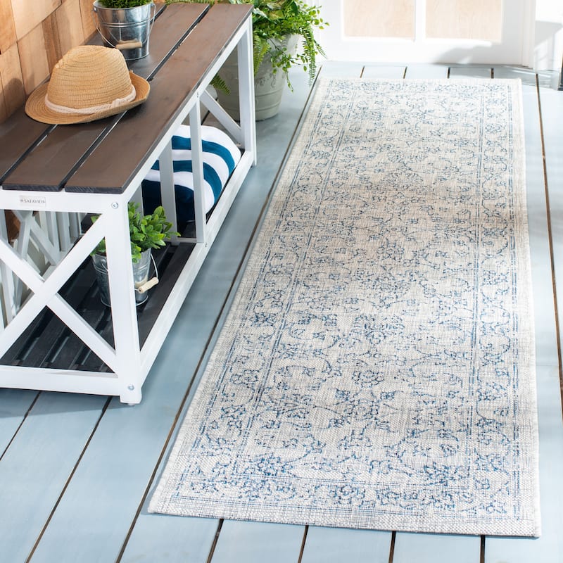 SAFAVIEH Courtyard Aquata Indoor/ Outdoor Waterproof Patio Backyard Rug - 2'3" x 12' Runner - Grey/Navy
