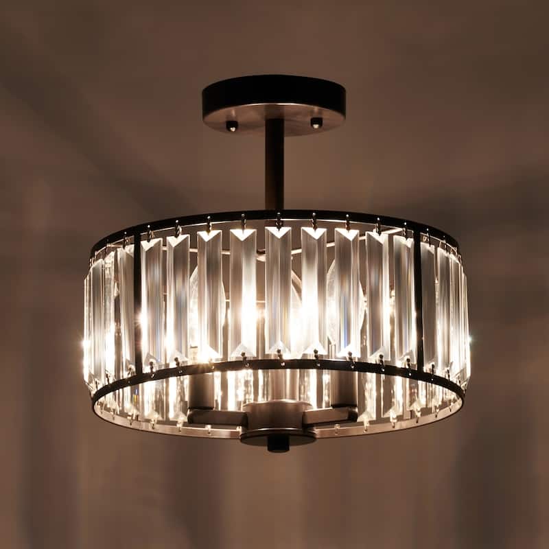 CO-Z 12" Modern 3-Light Crystal Semi Flush Mount Chandelier with Drum Shade