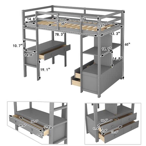 Gray Pinewood Loft Bed with Built-in Desk, Drawers, Shelves, and Storage Cabinets