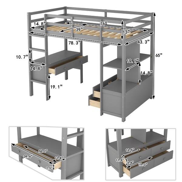 dimension image slide 1 of 2, Twin Size Wood Loft Bed with Built-in Desk,Storage Shelves and Drawers,Concise Design