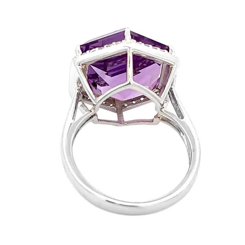 925 Sterling Silver Brazilian Amethyst, White Natural Zircon Hexagon Cut Ring