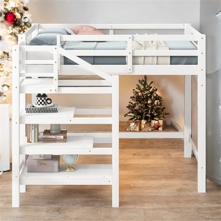 White Full Size Loft Bed with Storage Staircase - Bed Bath & Beyond ...