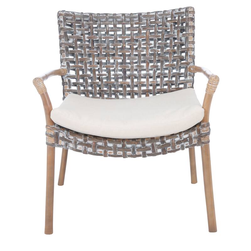 SAFAVIEH Roxanna Coastal Rattan Accent Chair with Cushion - 29.5" W x 26.2" L x 31.1" H - 30Wx26Dx31H - Grey White Wash/ White