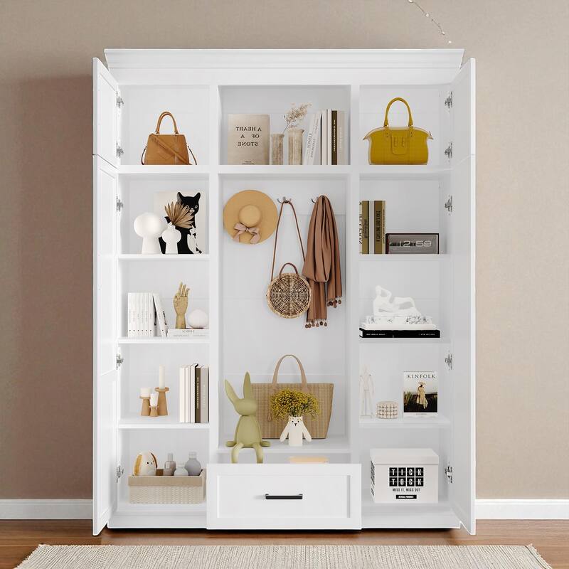 85.2 in Hall Tree with Bench & 3 Hooks, Entryway Cabinet with 4 Doors, 1 Drawer, Adjustable Shelves, 63 in Wide