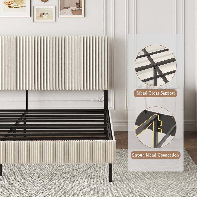 Roomfitters King Size Platform Bed Frame with Upholstered Headboard, Heavy Duty Metal Foundation, Elegant Style, Beige