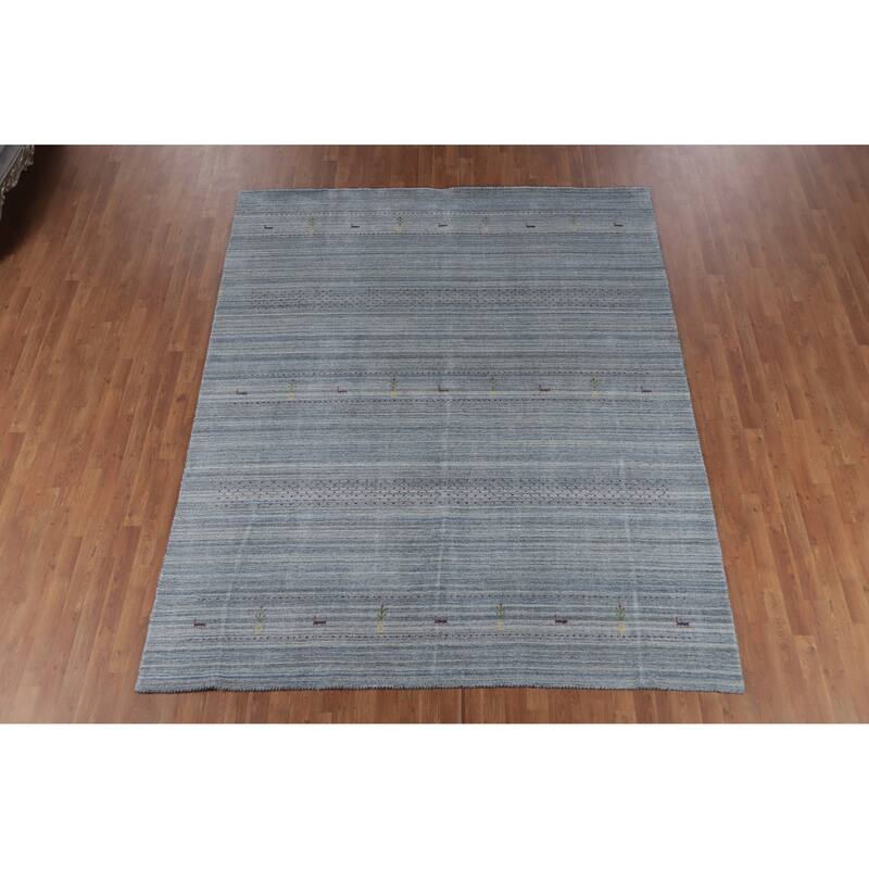 Hand Knotted Oriental 100% Wool Carpet Tribal Animal Pictorial Navy Blue & Blues Gabbeh Area Rug - 9' 7'' X 7' 11''
