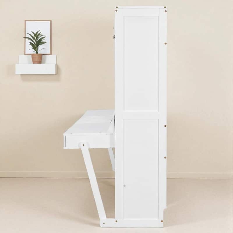 Queen Size Murphy Wall Bed with Storage, Foldable Cabinet Bed with Vanity Desk, Mirror & 2 Drawers