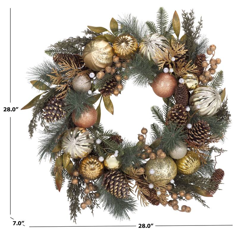 SAFAVIEH Home Faux 28-inch Needle Pine Wreath With Gold Accents Acorns & Ornaments