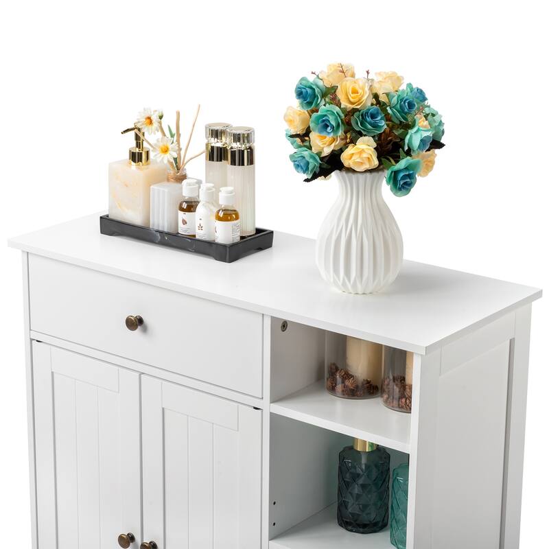 Freestanding White MDF Bathroom Storage Cabinet with Drawer and 2 Adjustable Shelves for Small Essential