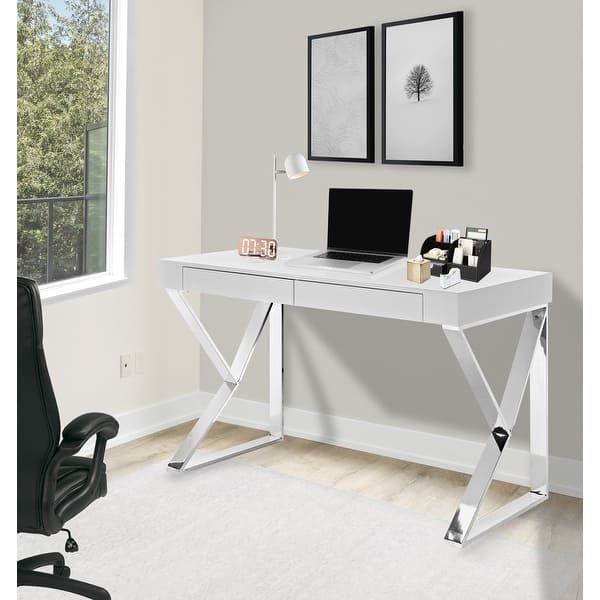 Owen Modern White High Gloss Home Office Computer Writing Desk with Silver Metal Legs Bed Bath