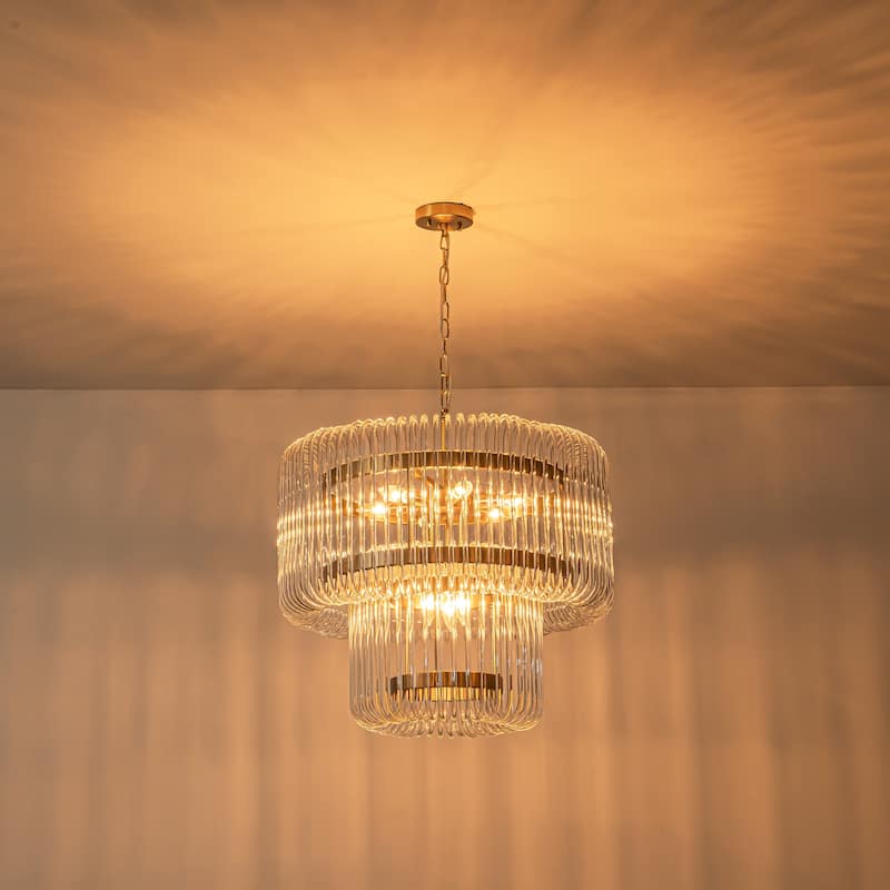 9-Light Modern Glam Drum Crystal Chandelier for Dining Room/Living Room 2-Tiered Round Chandelier Kitchen Island Pendant Light