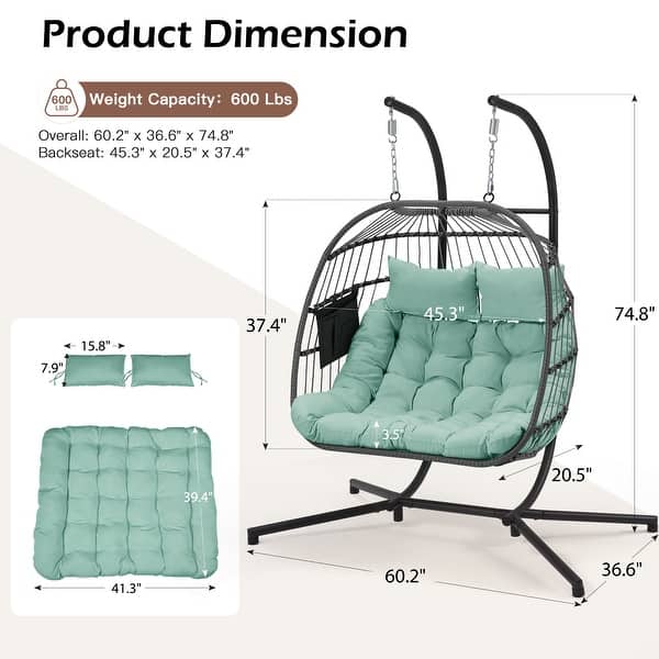 dimension image slide 4 of 6, EROMMY Hanging Egg Chair with Stand, Foldable Indoor/Outdoor Swing Chair includes Cushion and Pillow, Patio Wicker Swing
