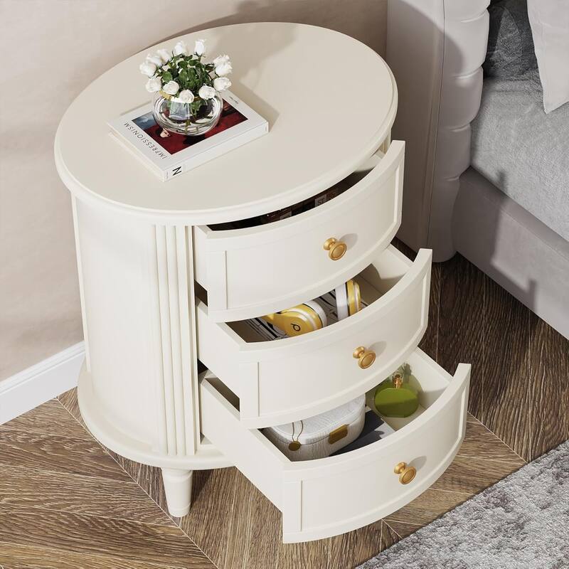 20" Oval Nightstand with 3 Drawers, Beige White