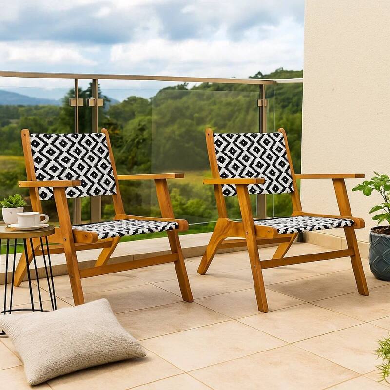 Outdoor Set of 2, Black White Print, Brown Solid Acacia Wood