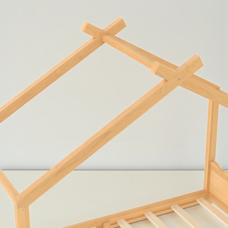 Kids Solid Wood House Floor Bed with Support Slats, Montessori Low Profile Bed, No Box Spring Needed