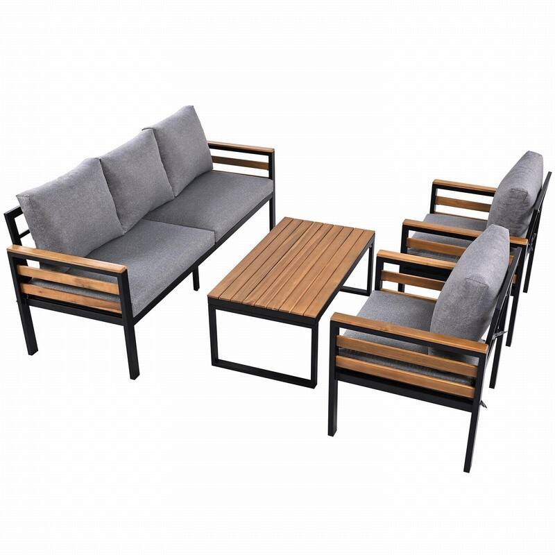 5-Person Outdoor Sofa Set with Acacia Wood Armrests and Removable Cushions