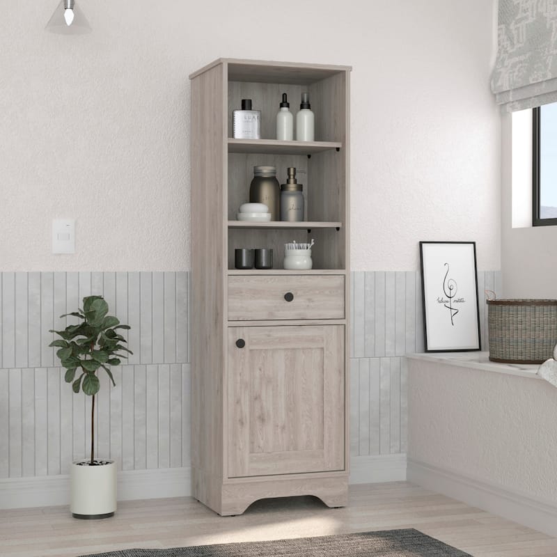 Bathroom Floor Cabinet,Two Interior Shelves,Two Open Shelves,Single Door,for Bathroom,Kitchen,Living Room - Grey